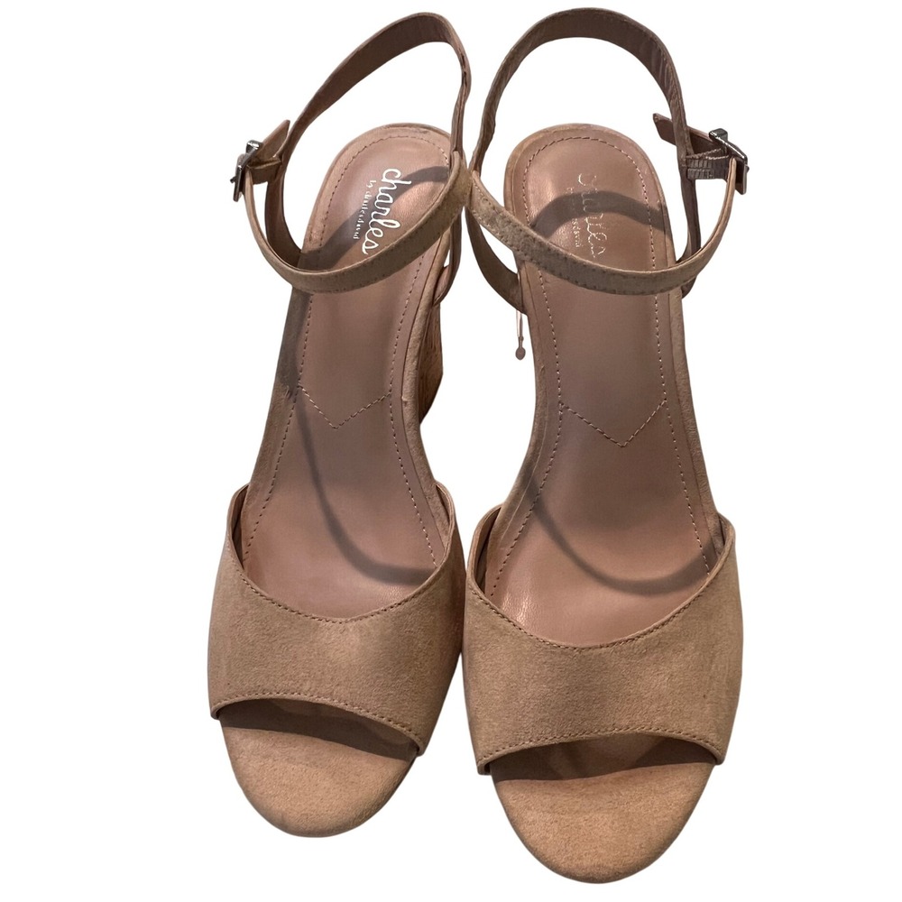 Charles by Charles David Women's Beige Suede Ankle Strap Cork Wedge Heel Sandals
